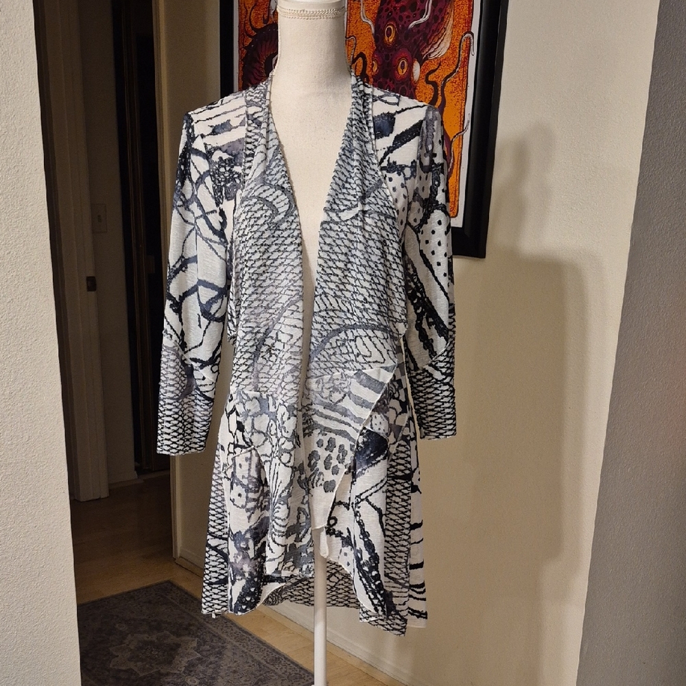 Sheer Black & White Long Cardigan Abstract Floral Print